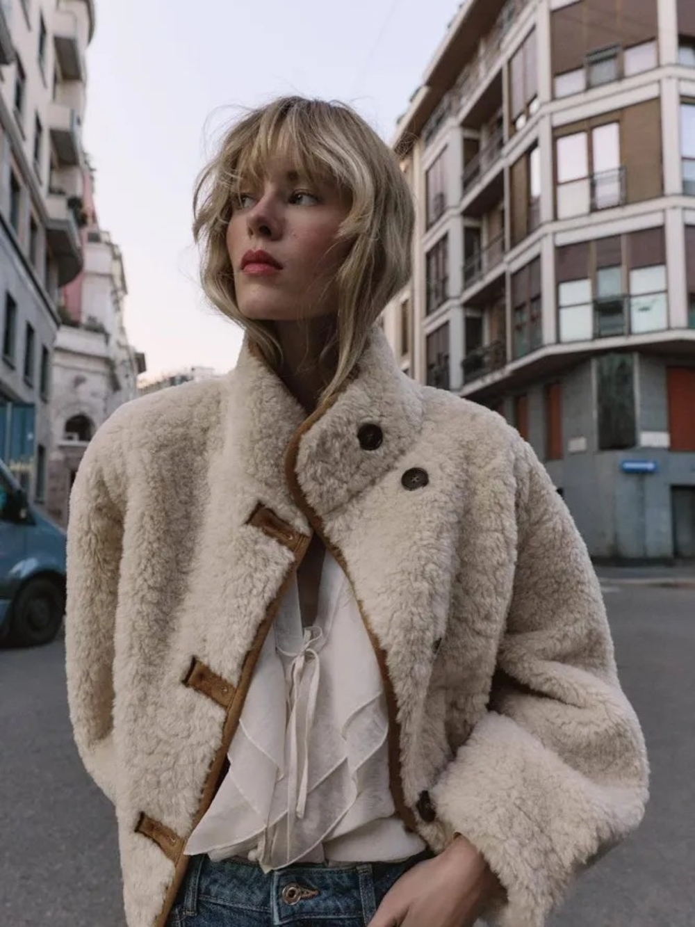 Zara Small Double Faced Cream Teddy Faux Shearling Jacket with Tan Trim